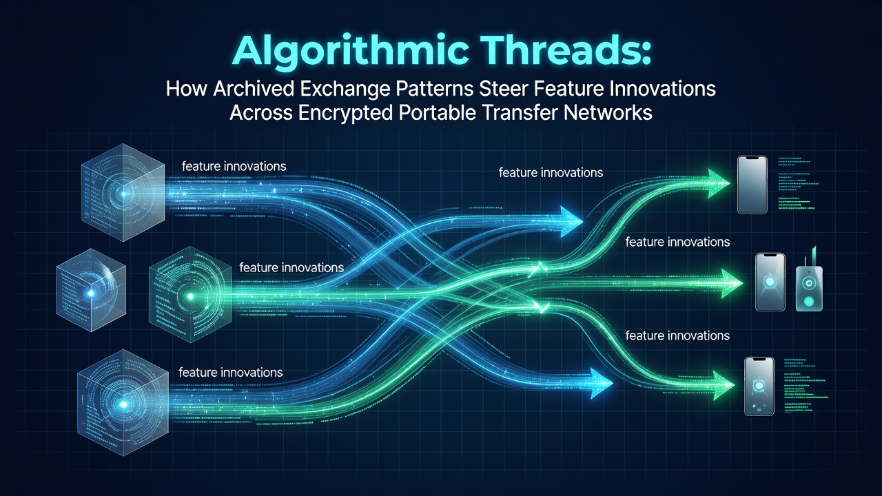 Diagram illustrating data flow patterns in encrypted portable transfer networks with algorithmic overlays