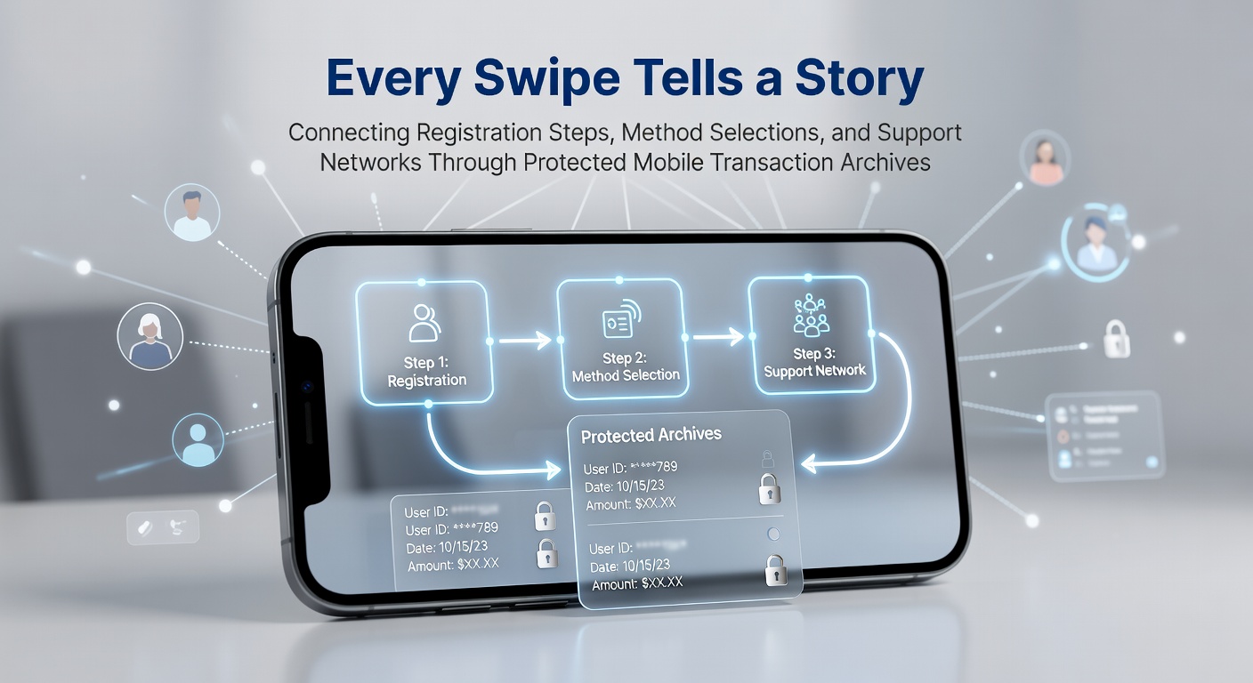 Mobile payment app interface showing secure transaction archive with registration and payment method details