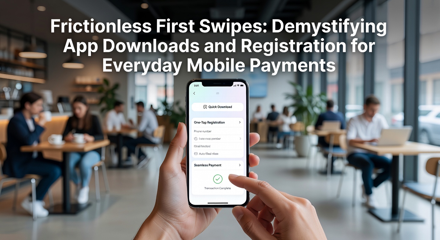 Smartphone screen showing a seamless mobile payment app download process with quick registration prompts and biometric verification options