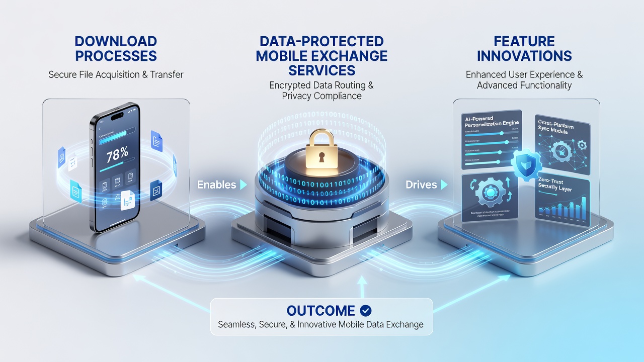 Diagram showing data flow from app downloads to privacy feature innovations in mobile services