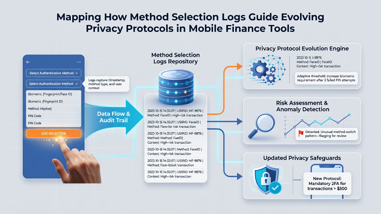 Diagram illustrating data mapping from method selection logs to updated privacy controls in mobile finance systems