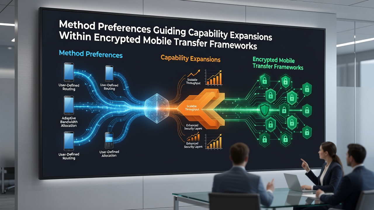 Secure mobile transfer dashboard displaying capability expansion metrics and encryption status