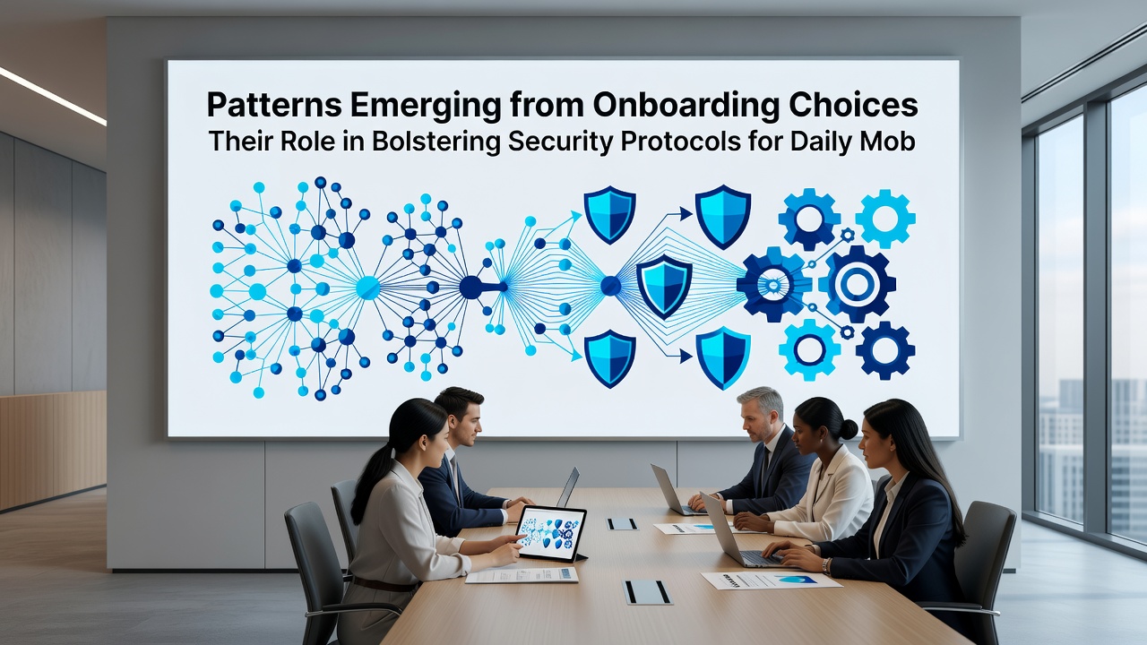 Illustration showing data patterns from mobile onboarding feeding into encryption and monitoring layers