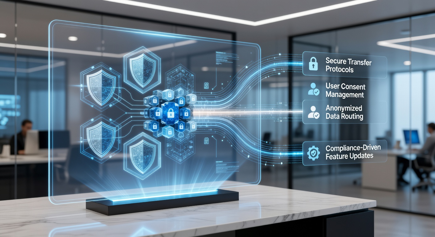 Privacy frameworks influencing secure electronic transfer applications with data protection icons and app interfaces