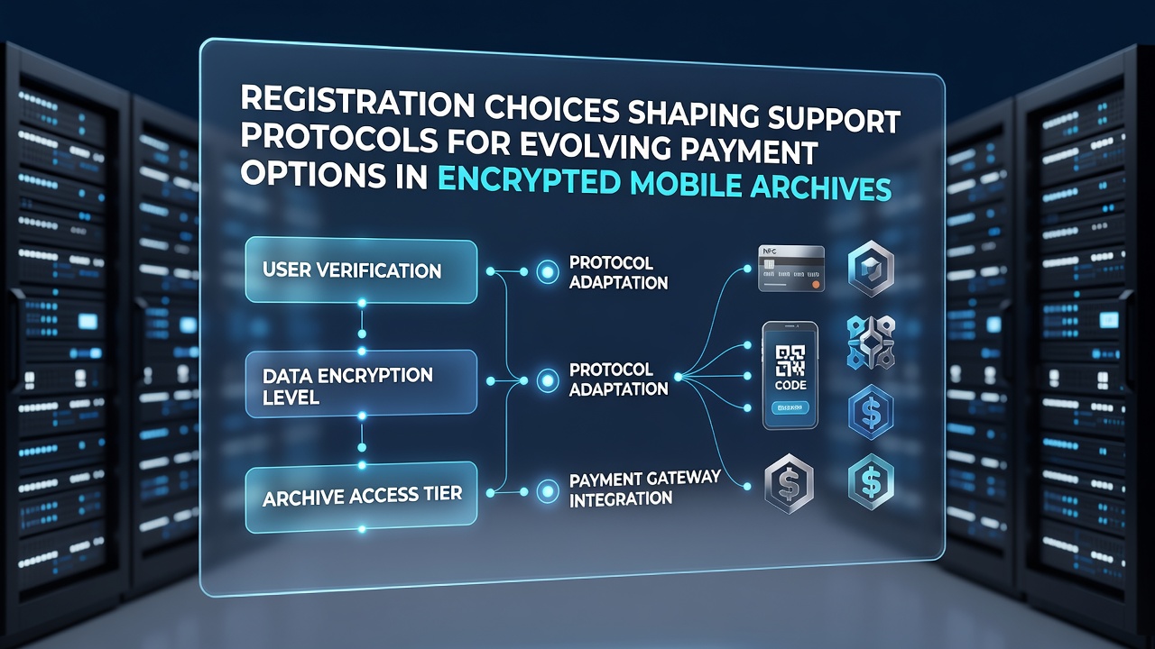 Secure mobile payment registration interface showing encrypted archive options and payment method selections