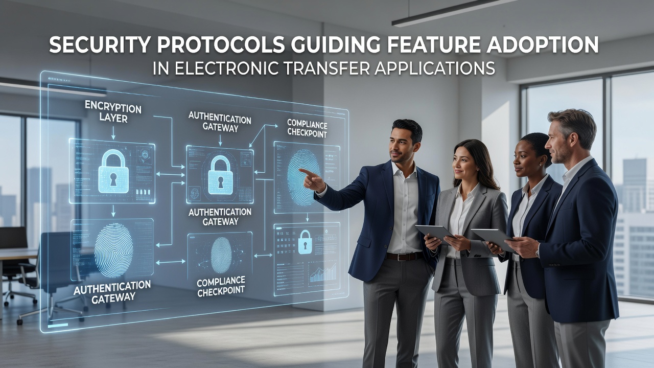 Illustration of security protocols in electronic transfer applications showing encrypted data flows and authentication layers