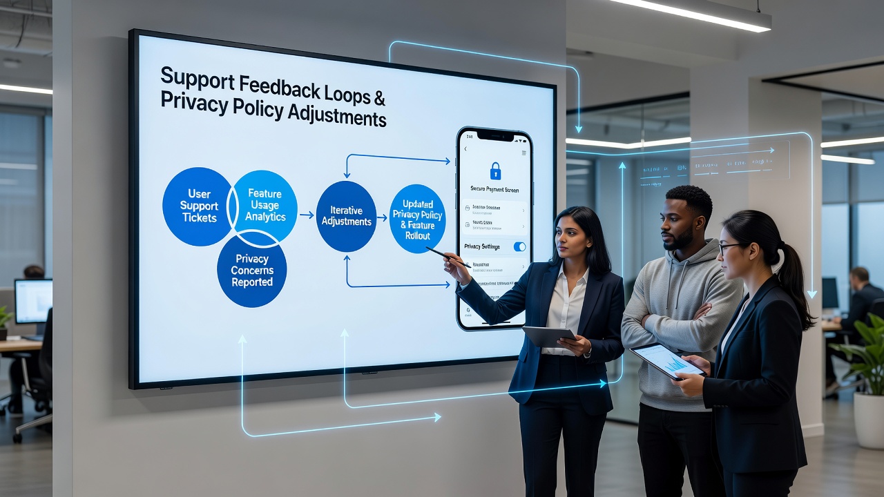 Data analysts examining support ticket trends that led to privacy updates in mobile payment systems