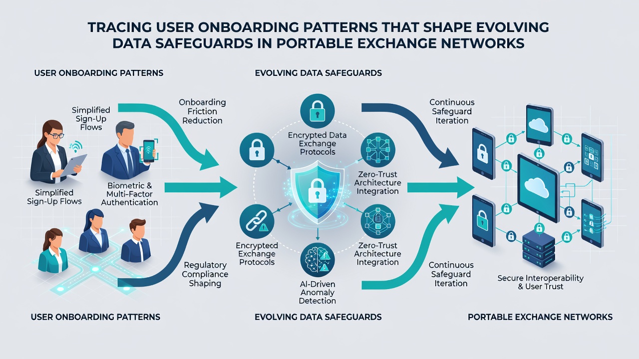 Flowchart illustrating how onboarding data patterns evolve into long-term data safeguards within exchange networks