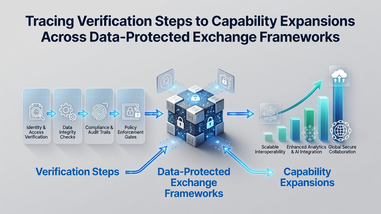 Diagram showing verification sequences flowing into expanded capabilities within secure data exchange frameworks